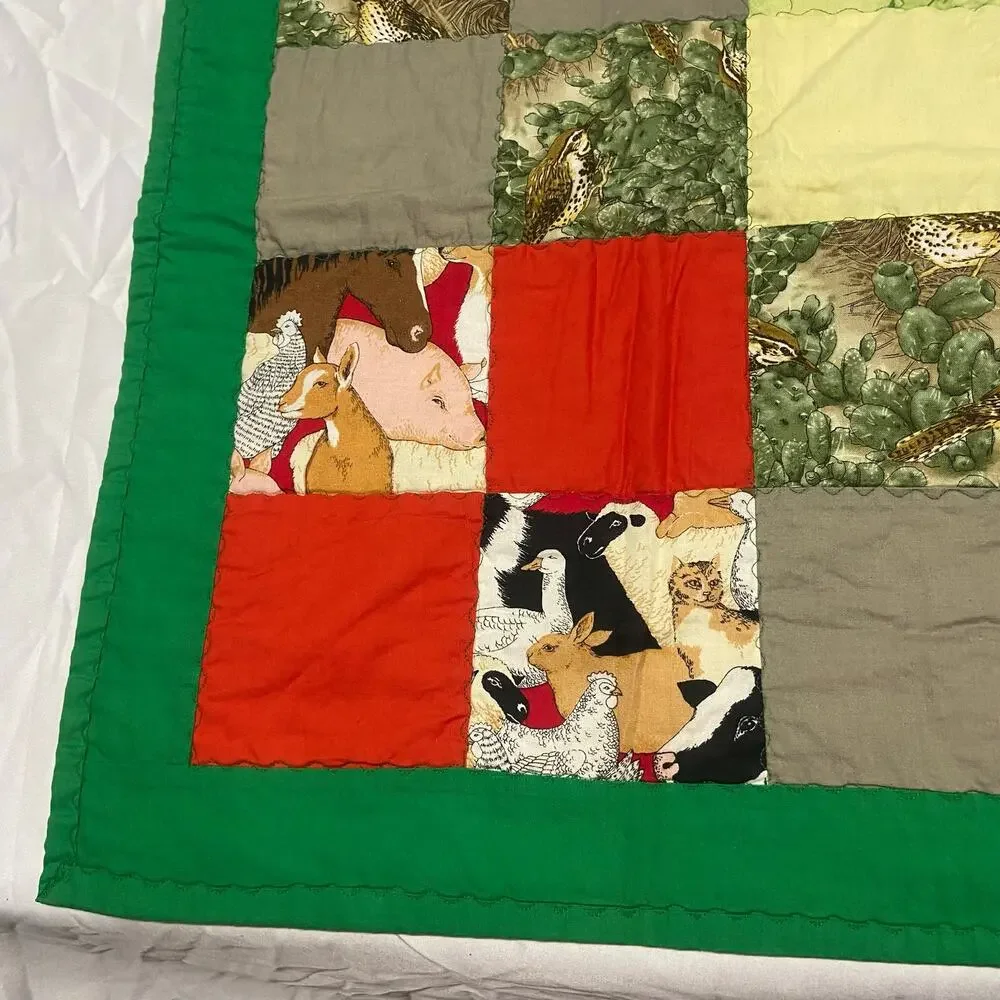 Baby Blanket Farm Animals Birds Green Border & Background Lap Blanket Handmade